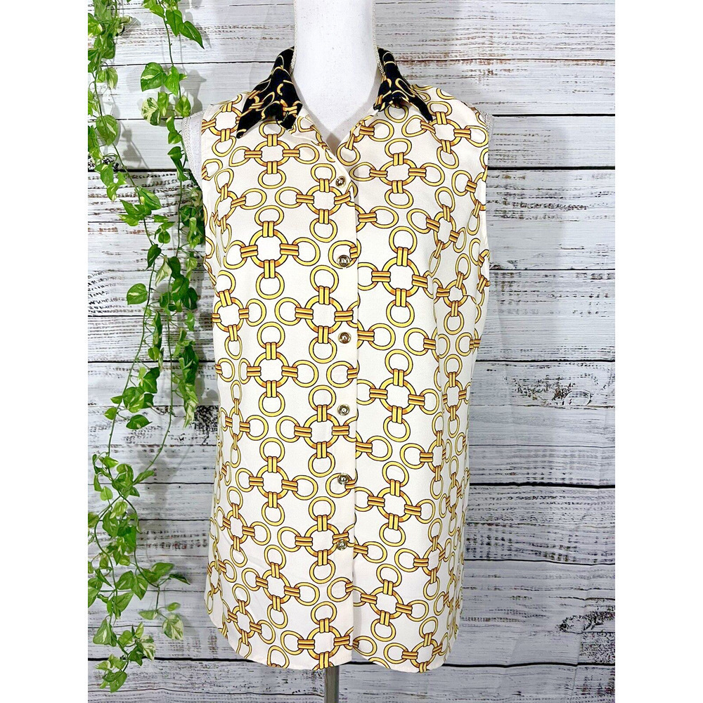 Coco Bianco Blouse Shirt size Medium Black Gold Chains Career Summer Beach Slim